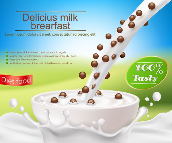 پوستر واقعی واقع بینانه با یک چلپ چت و شیر با یک صبحانه غلات به یک فنجان توپ های غلات شکلات عنصر طراحی برای بسته بندی و تبلیغات یک محصول جدید برای رژیم غذایی سالم