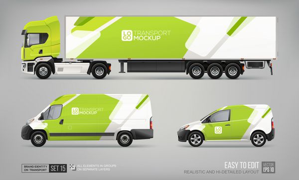 مجموعه ای از تریلر کامیون واقعی تحویل وانت حمل و نقل خودرو قالب برداری بردار عناصر گرافیکی انتزاعی سبز و سفید برای علامت های تجاری و هویت سازمانی ماتیک حمل و نقل