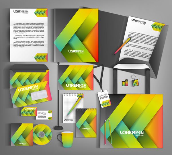 طراحی قالب هویت شرکت با خطوط رنگارنگ لوازم التحریر تجاری