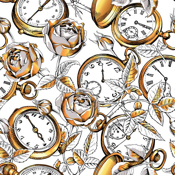 الگوی بدون درز با تصویر یک ساعت طلایی جیبی و گل رز در یک پس زمینه سفید تصویر برداری