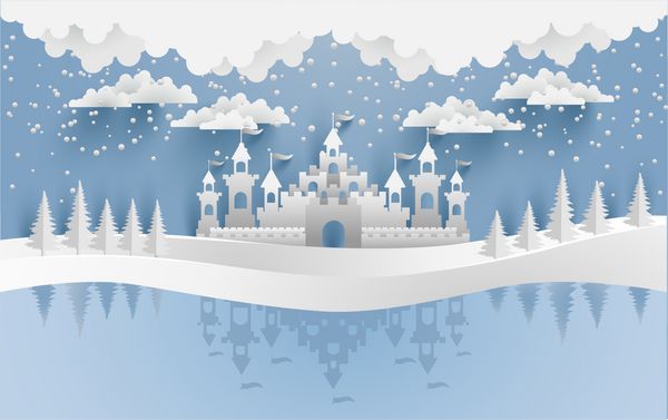 قلعه ها و برف در زمستان با سایه روی آب یخ تصویر زیبایی قلعه با مفهوم هنر کاغذ