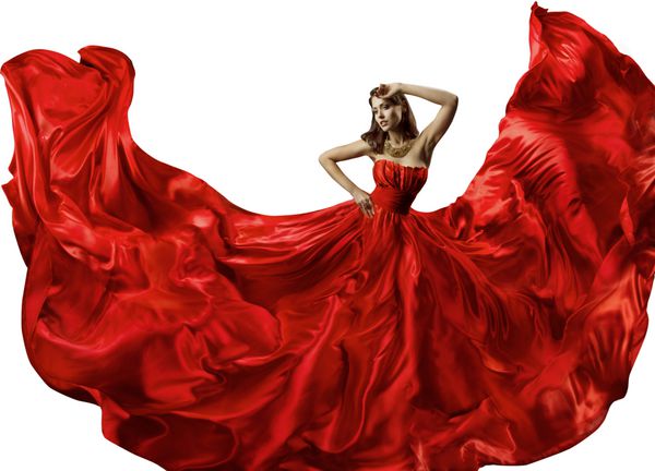زن در لباس قرمز مدل مد لباس در ابریشم توپ تکان دادن پارچه تابستان