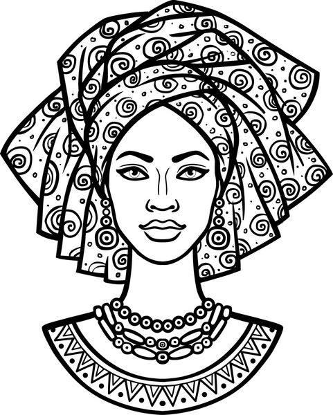 پرتره انیمیشن زن جوان آفریقایی در یک توران طراحی خطی تک رنگ تصویر برداری جدا شده بر روی زمینه سفید چاپ پوستر تی شرت کارت