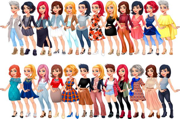 علامت مد مختلف زنانه شخصیت های کارتون برداری با لباس های مختلف کفش و مدل مو همه آنها قابل تعویض هستند