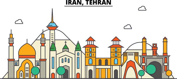 ایران تهران خط افق شهر معماری ساختمان ها خیابان ها شبح منظره پانوراما مناظر سکته مغزی قابل ویرایش مفهوم طراحی بردار خط انتزاعی آیکون های جداگانه تنظیم شده است