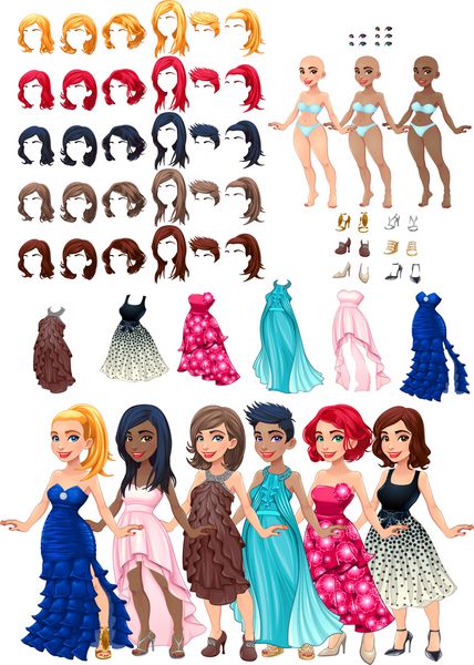 لباس و مدل مو بازی تصویر برداری اشیاء جدا شده 6 مدل مو با 5 رنگ هر یک 6 لباس مختلف 5 رنگ چشم 6 کفش 3 رنگ پوست