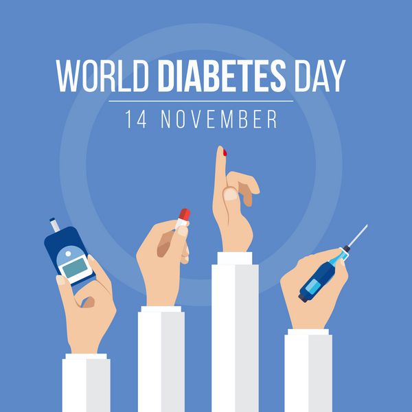 روز جهانی دیابت آگاهی از دست نگهداشتن سنج های اندازه گیری سطح قند خون در دست نگه داشتن دارو و قطره خون در دایره آبی طراحی پس زمینه بردار