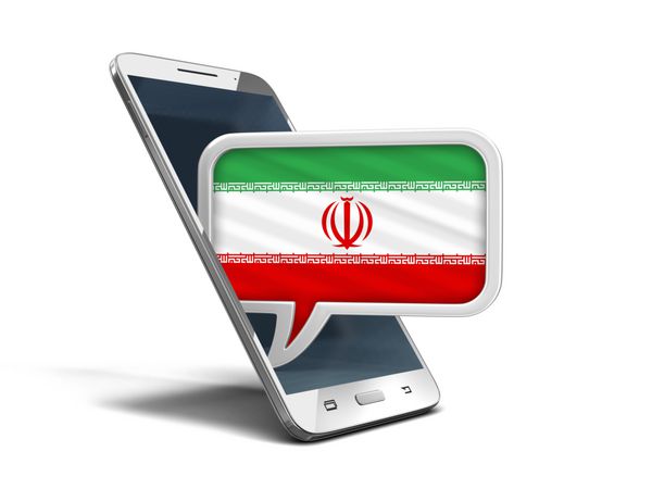 تصویر 3D گوشی هوشمند لمسی و حباب سخنرانی با پرچم ایران تصویر با مسیر قطع