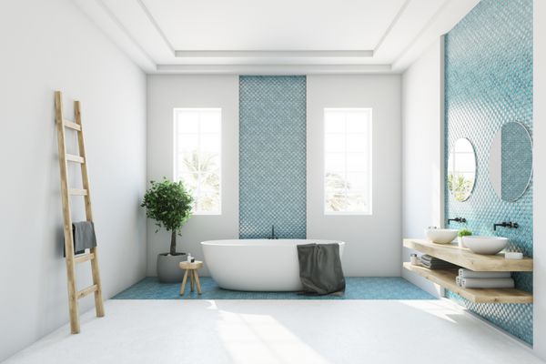 داخل حمام سفید و آبی با یک وان سفید سفید دو پنجره باریک یک درخت در یک گلدان و یک نردبان در گوشه ای نمای کنار رندر 3d فتوشاپ
