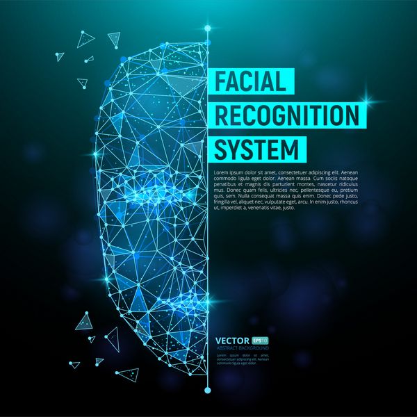 شناسایی بیومتریک یا مفهوم سیستم تشخیص چهره تصویر برداری از چهره انسان متشکل از چند ضلعی نقاط و خطوط با محل برای متن خود را جدا شده در پس زمینه آبی تیره