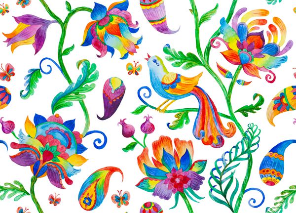 پرچم آبی رنگ وحشی پرندگان سیتیلال با برگ پرچم در تصویر زمینه گل با پرنده پرنده برای طراحی دست نقاشی دست نقاشی الگوی آبرنگ بدون درز اشیاء جدا شده بر روی زمینه سفید