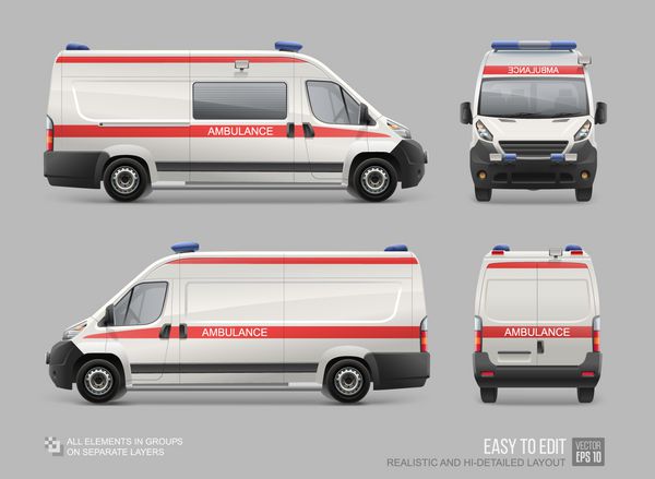 مدل ون خدمات آمبولانس واقعی واقع در خاکستری واگن پزشکی اضطراری ماشین خدمات رنگارنگ تلفن همراه با نوار قرمز قالب برداری