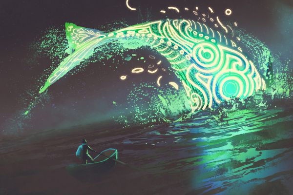 مناظر فانتزی مرد در قایق به دنبال پریدن درخشان نهنگ سبز در دریا سبک هنر دیجیتال نقاشی تصویر