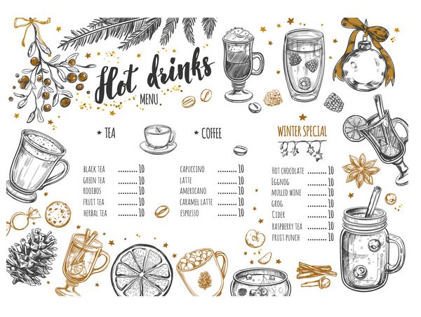 نوشیدنی منو زمستانه قالب طراحی شامل تصاویر دست کشیده و Brushpen Lettering است نوشیدنی ها نوشیدنی ها و عناصر کریسمس غنی شده شکلات Latte چای سبز و غیره