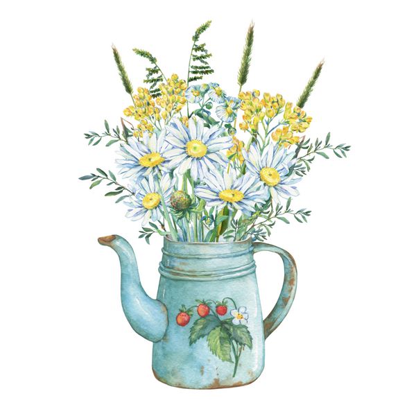 دیگ قهوه ای آبی رنگ با الگوی توت فرنگی و دسته گل های گیلاس و گل داودی تصویر آبرنگ نقاشی دست کشیده شده جدا شده بر روی زمینه سفید