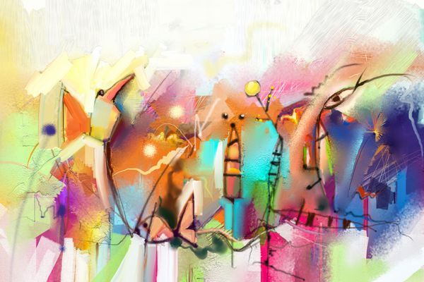 نقاشی رنگ روغن فانتزی رنگی نیمه انتزاعی درخت ماهی و پرنده در چشم انداز بهار فصل تابستان فصل طبیعت دست نقاشی شده سبک نقاشی کودکان