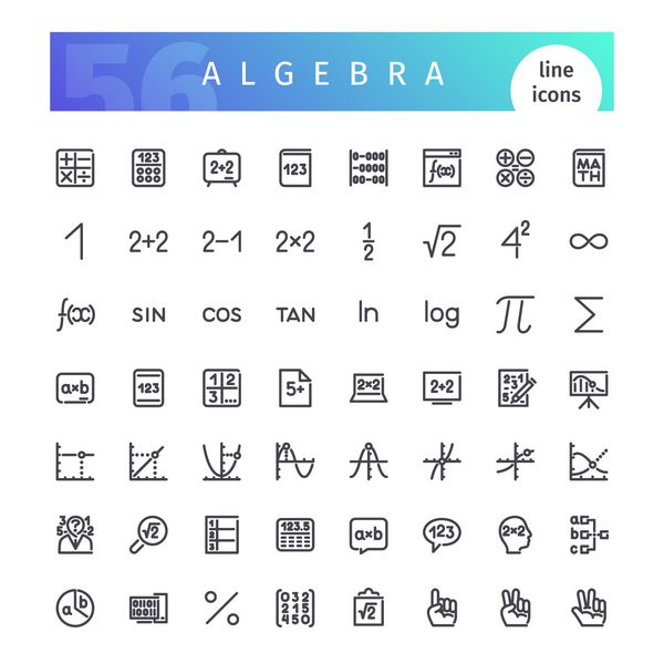 مجموعه ای از 56 آیکون خط جبر مناسب برای وب infographics و برنامه ها جدا شده بر روی زمینه سفید مسیرهای برداشت شامل