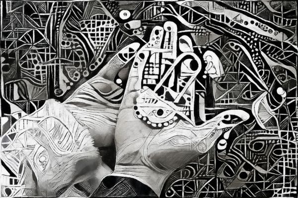دو کف دست و قفل انتزاع تک رنگ از عناصر هندسی در سبک کوبيسم مدرن و آينده نگري اعدام در روغن بر روی بوم با عناصر نقاشی اکریلیک و طرح های مداد
