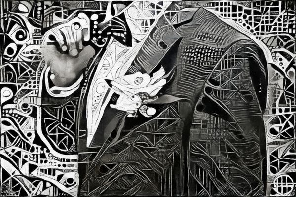 مرد در جلیقه با کراوات کمان انتزاع تک رنگ از عناصر هندسی در سبک کوبيسم مدرن و آينده نگري اعدام در روغن بر روی بوم با عناصر نقاشی اکریلیک و طرح های مداد