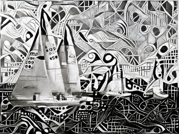 قایق های دریایی در رگاتا انتزاع تک رنگ از عناصر هندسی در سبک کوبيسم مدرن و آينده نگري اعدام در روغن بر روی بوم با عناصر نقاشی اکریلیک و طرح های مداد