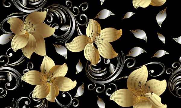 3D گل طلایی بدون درز الگوی پس زمینه گل Vintage 3d wallpaper دکوراسیون گل و بوته ای از هنرهای رزمی بافت بردار سطح براق برگ نقره نقاط گل طلای سه بعدی با سایه