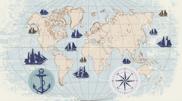 نقشه برداری جهان دست کشیده شده با قطب نما لنگر و کشتی های قایقرانی در سبک پرنعمت