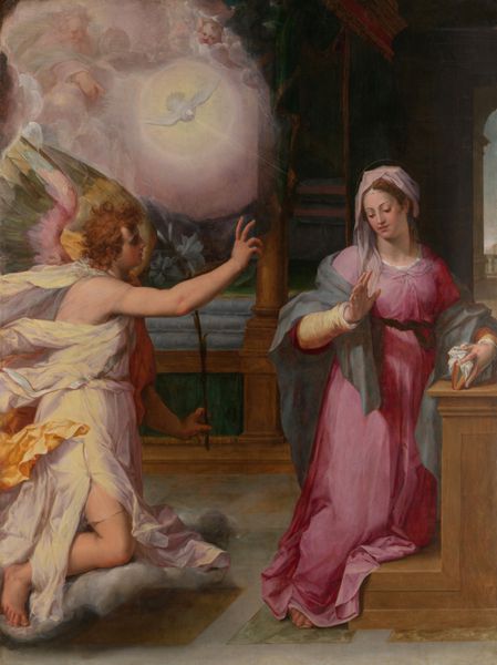 THE ANNUNCIATION by Peter Candid 1585 Netherlandish Northern Renaissance painting oil on wood Kneeling on a cloud the Angel Gabriel announces to Mary that she will conceive and bear God