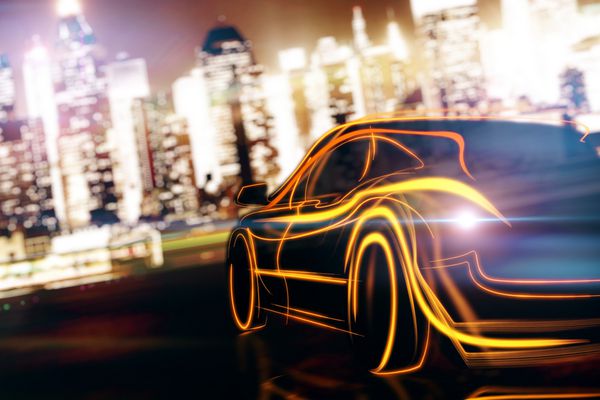 خلاق درخشان اتومبیل دیجیتال در پس زمینه شب تاریک شهر مفهوم حمل و نقل و عملکرد رندر 3D
