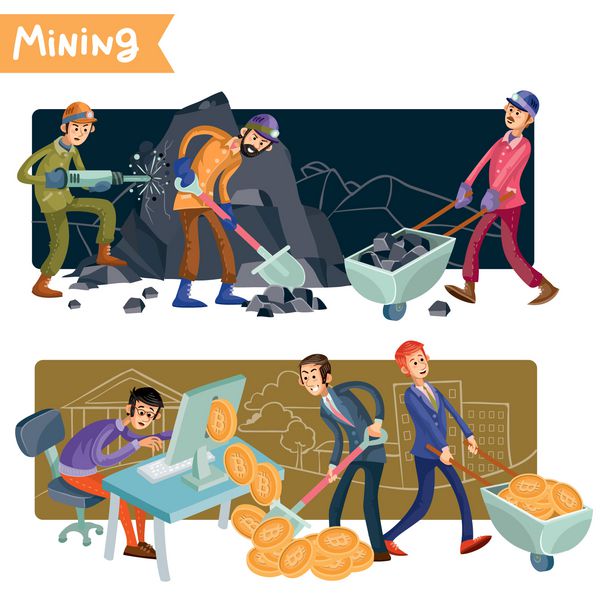 مفهوم برداری بردار بیتکوین معدنچیان استخراج سنگ در کوه ها بازرگانان cryptocurrency را آنلاین با استفاده از کامپیوتر و جمع آوری سکه های طلای مجازی دریافت کنید آگهی های رنگارنگ برای طراحی خلاقانه