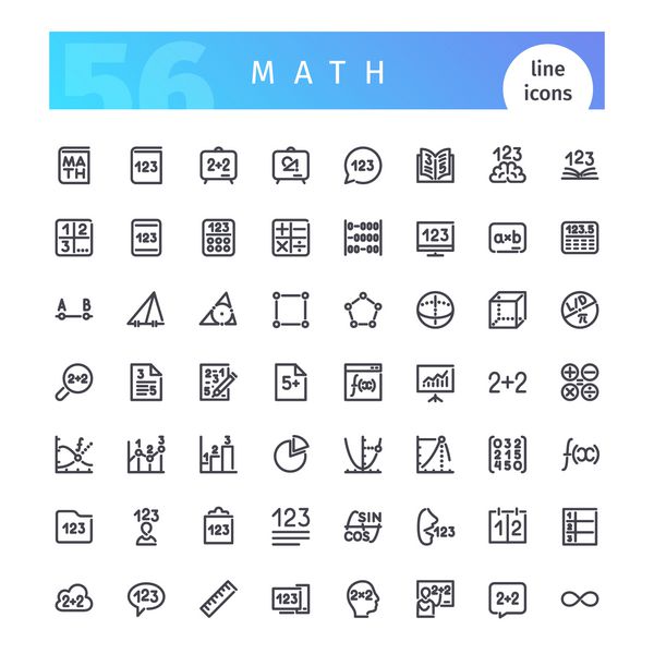 مجموعه ای از 56 آیکون خط ریاضی مناسب برای وب infographics و برنامه ها جدا شده بر روی زمینه سفید مسیرهای برداشت شامل