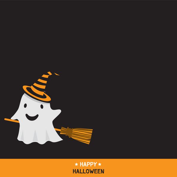 ارواح cute کمی لباس ساحره کلاه و سوار broomstick در تاریکی طراحی پس زمینه برای هالووین تعطیلات حزب دعوت قالب کارت بردار تصویر فضای سیاه و سفید برای کپی متن