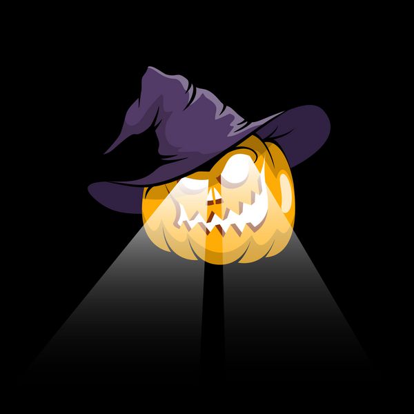 هالووین کدو تنبل جک-o-فانوس در ساحره کلاه با چشم زیر طاق در پس زمینه تاریک تصویر بردار
