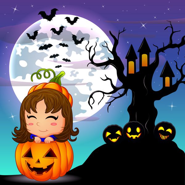 زمينه شب هالووین با دختر زیبا در سبد کدو و ترسناک درخت خانه