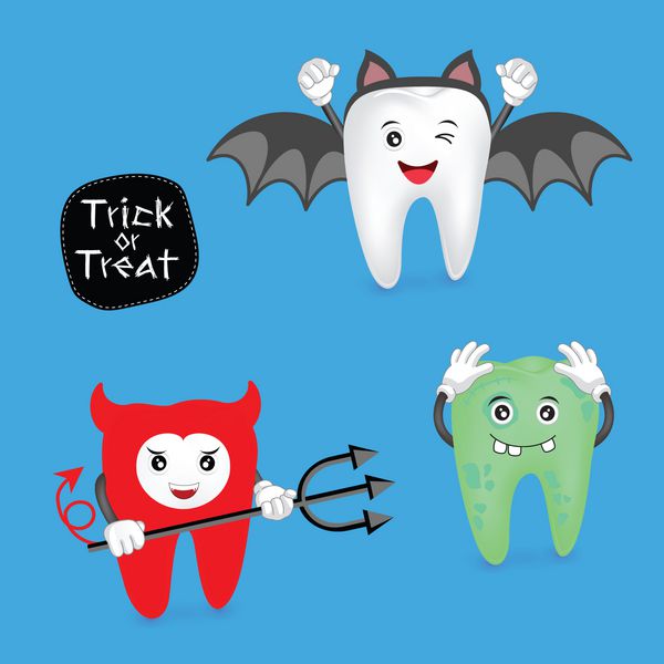 هالووین مفهوم مجموعه دندان تصویر خنده دار دندان شیطان خفاش و زامبی های جدا شده در پس زمینه آبی