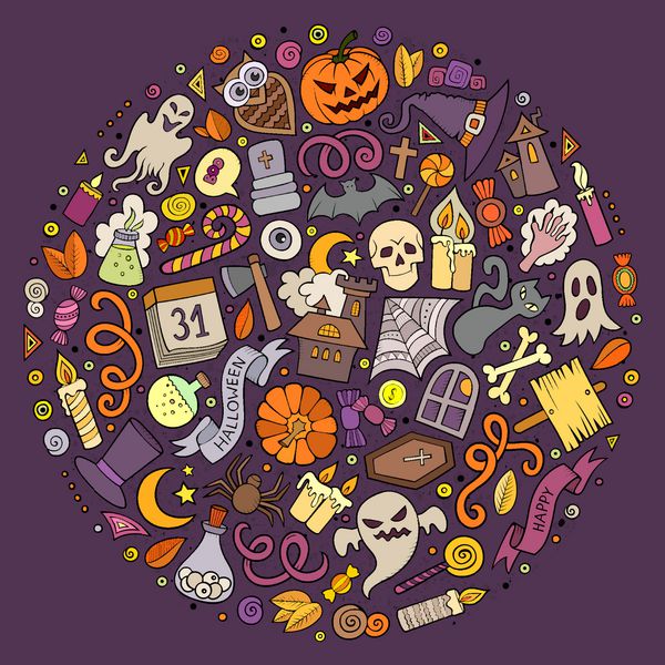 مجموعه ای از اشیاء هالووین کاریکاتور نمادها و موارد