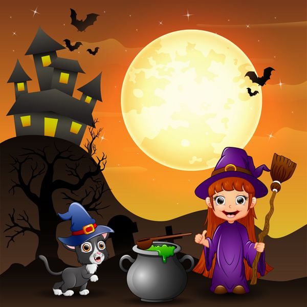 پس زمینه هالووین با دیگ و بچه گربه جادوگر و جادوگر دختر برگزاری broomstick