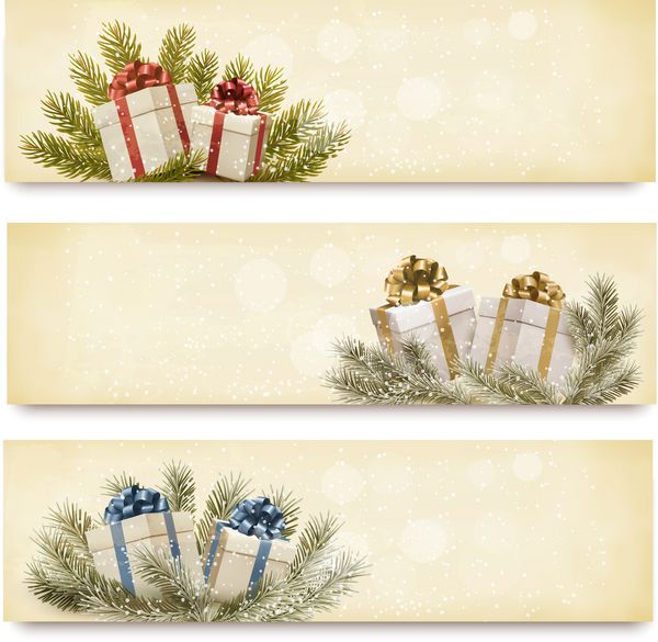 سه آگهی کریسمس با جعبه های هدیه و برف ریزه تصویر برداری
