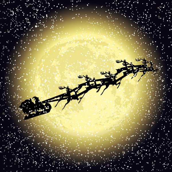 سورتمه بابا نوئل با گوزن ها در آسمان شب کریسمس