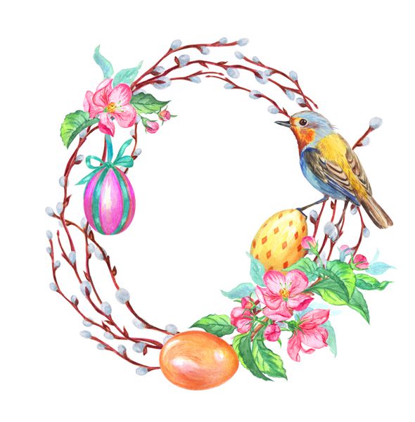 عید پاک قاب از شاخه های بید و شکوفه های سیب و تخم مرغ و پرندگان آبرنگ نقاشی در پس زمینه سفید شده