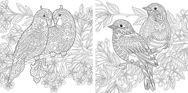 صفحه نقاشی - کتاب نقاشی بزرگسالان - دو مرغ عشق و دو گنجشک در کنار هم که پیام روز ولنتاین را می رسانند