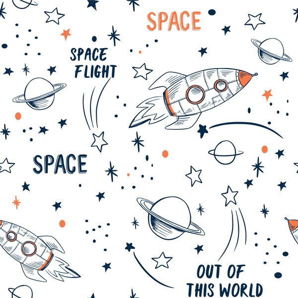 دست کشیده شده عناصر فضا بدون درز الگوی پس زمینه فضایی تصویر فضایی فضایی تصویر برداری الگوی بدون درز با موشک های فضایی کارتونی سیارات ستاره ها شعارها