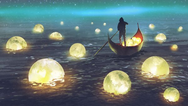 مناظر شب مرد پارو زدن یک قایق در میان بسیاری از اقمار درخشان شناور در دریا و سبک هنر دیجیتال تصویر سازی نقاشی