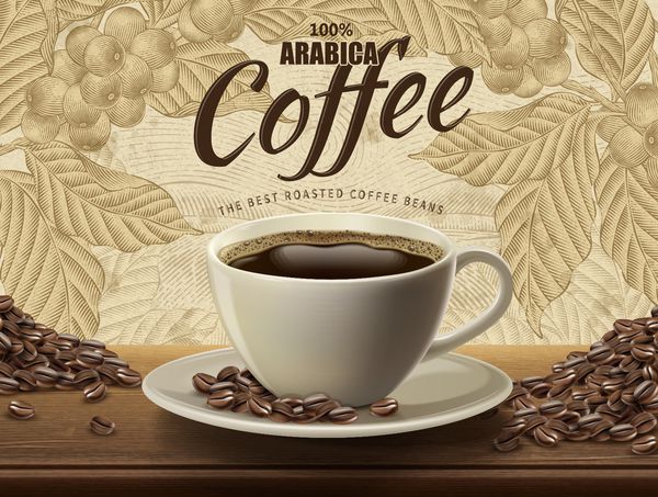 آگهی قهوه عربی با یک فنجان نوشیدنی و لوبیا در تصویر 3d با گیاهان عنصر یکپارچهسازی با سیستمعامل و مناظر زمینه در سبک سایه زدن اچ