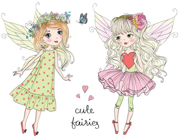 دو دست کشیده شده زیبا ناز پری دختران کوچک با پروانه تصویر بردار