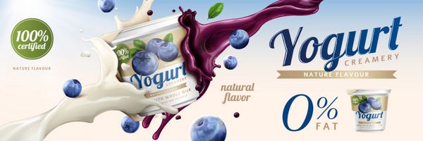زغال اخته آگهی های ماست ماست خوشمزه تجاری با شیر و میوه با هم در تصویر 3d پاشیدن جم