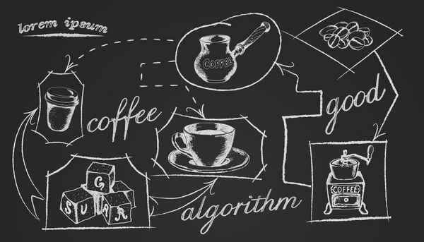فرآیند ساخت قهوه الگوریتم سبک کشیده طرح دست جدا شده بر روی زمینه سیاه و سفید تصویر برداری بردار Eps10
