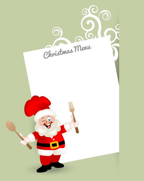 کریسمس کارتون خنده دار آشپز بابا نوئل با محل برای منو و یا دستورالعمل برای تهیه یک ظرف کریسمس سنتی است