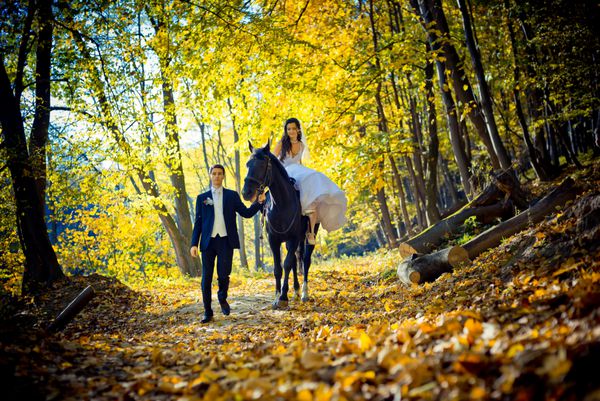 عکس عروسی در فضای باز عروس زیبا جذاب از بین بردن اسب است در حالی که معشوقش در حال راه رفتن در نزدیکی است محل برگزاری پاییز
