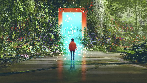 مناظر فانتزی نشان دادن پسر ایستاده در مقابل دروازه سحر و جادو با نور آبی درخشان در جنگل زیبا سبک هنر دیجیتال نقاشی تصویر