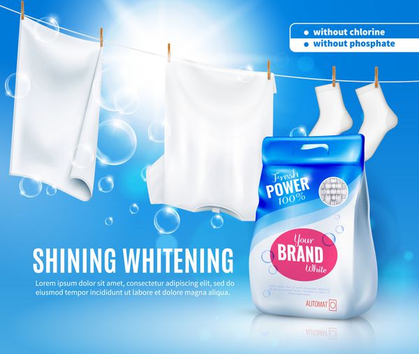 مواد شوینده واقع گرایانه برای ماشین لباسشویی خودکار آگهی پوستر در پس زمینه آبی با تصویر سفید براق لباس